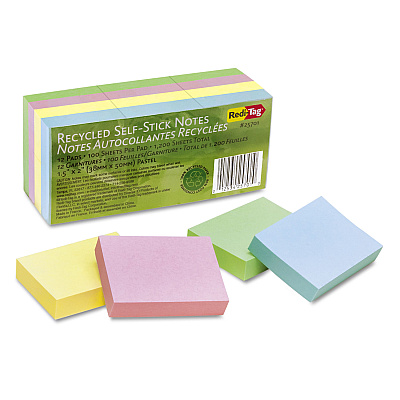 Redi-Tag 100% Recycled Self-Stick Notes, 1.5" x 2", Assorted Pastel Colors, 100 Sheets/Pad, 12 Pads/Pack (RTG25701)