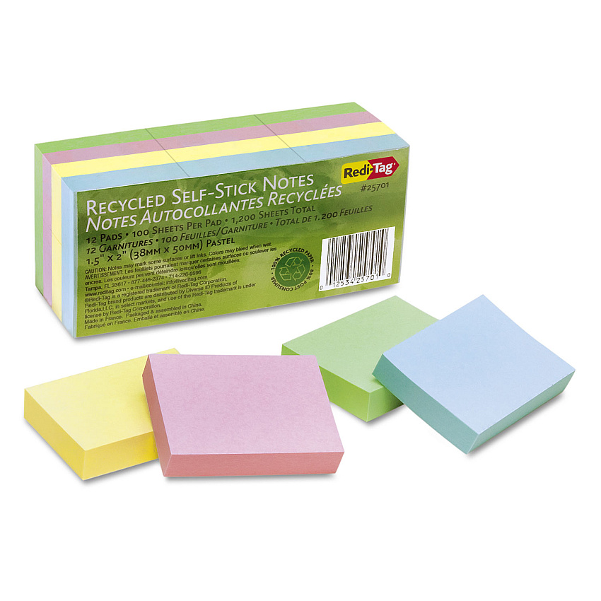 Redi-Tag 100% Recycled Self-Stick Notes, 1.5" x 2", Assorted Pastel Colors, 100 Sheets/Pad, 12 Pads/Pack (RTG25701)