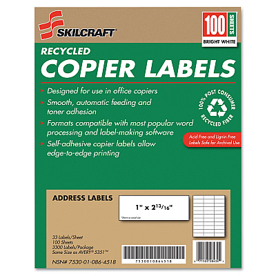 AbilityOne 7530010864518, SKILCRAFT Recycled Copier Labels, Copiers, 1 x 2.81, White, 33/Sheet, 100 Sheets/Box