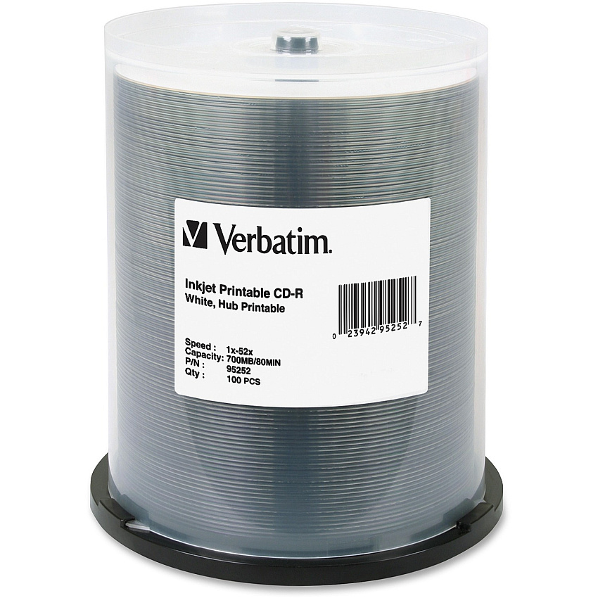 Verbatim 95252 CD Recordable Media - CD-R - 52x - 700 MB - 100 Pack Spindle - White