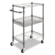 Alera Three-Tier Wire Cart with Basket, Metal, 2 Shelves, 1 Bin, 500 lb Capacity, 28" x 16" x 39", Black Anthracite (ALESW342416BA)
