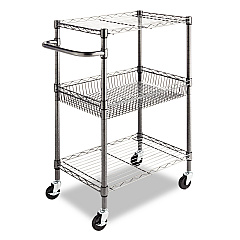 Alera Three-Tier Wire Cart with Basket, Metal, 2 Shelves, 1 Bin, 500 lb Capacity, 28" x 16" x 39", Black Anthracite (ALESW342416BA)