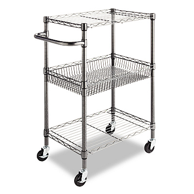 Alera Three-Tier Wire Cart with Basket, Metal, 2 Shelves, 1 Bin, 500 lb Capacity, 28" x 16" x 39", Black Anthracite (ALESW342416BA)