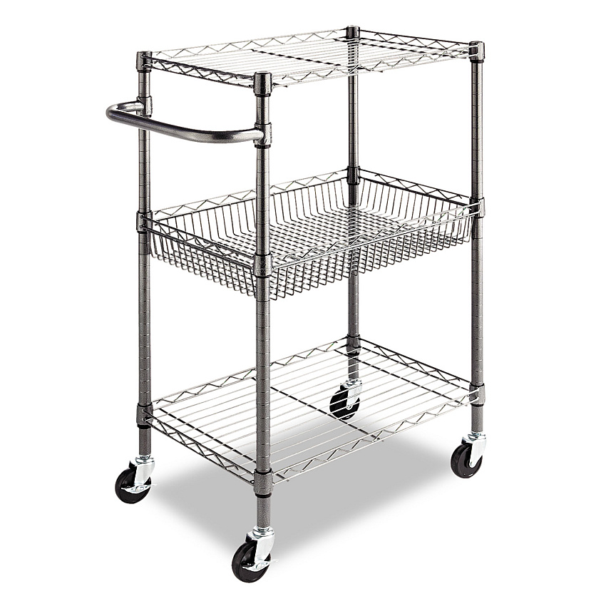 Alera Three-Tier Wire Cart with Basket, Metal, 2 Shelves, 1 Bin, 500 lb Capacity, 28" x 16" x 39", Black Anthracite (ALESW342416BA)