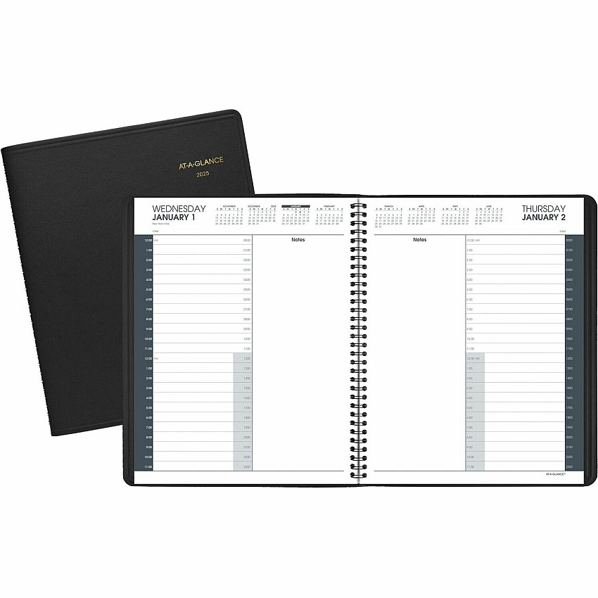 AT-A-GLANCE 24-Hour Daily Appointment Book, 11 x 8.5, Black Cover, 12-Month (Jan to Dec): 2026 (7021405)