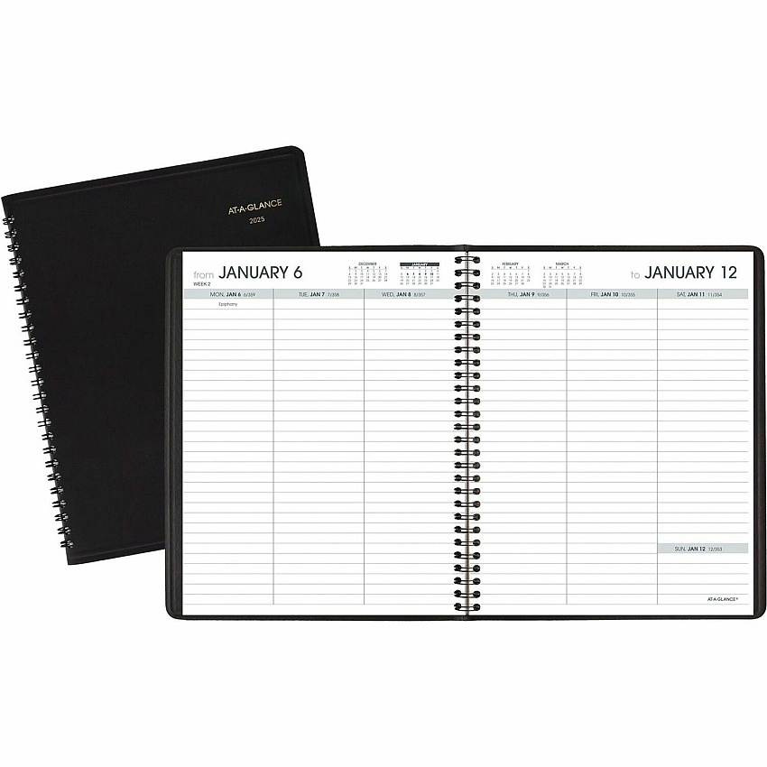 AT-A-GLANCE Weekly Planner Ruled for Open Scheduling, 8.75 x 6.75, Black Cover, 12-Month (Jan to Dec): 2026 (7085505)