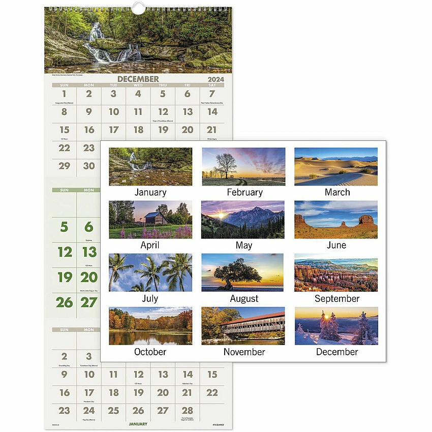 AT-A-GLANCE Scenic Three-Month Wall Calendar, Landscape Photography, 12 x 27, White Sheets, 14-Month: Dec 2025 to Jan 2027 (DMW50328)