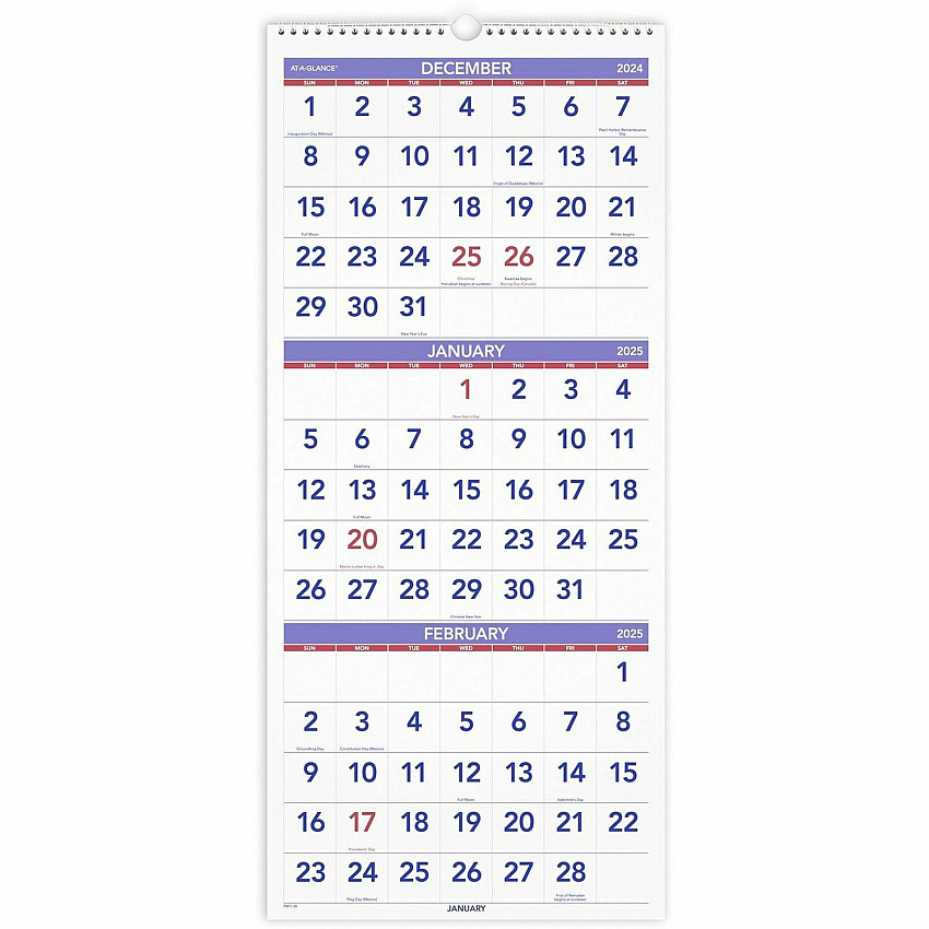 AT-A-GLANCE Deluxe Three-Month Reference Wall Calendar, Vertical Orientation, 12 x 27, White Sheets, 14-Month: Dec 2025 to Jan 2027 (PM1128)
