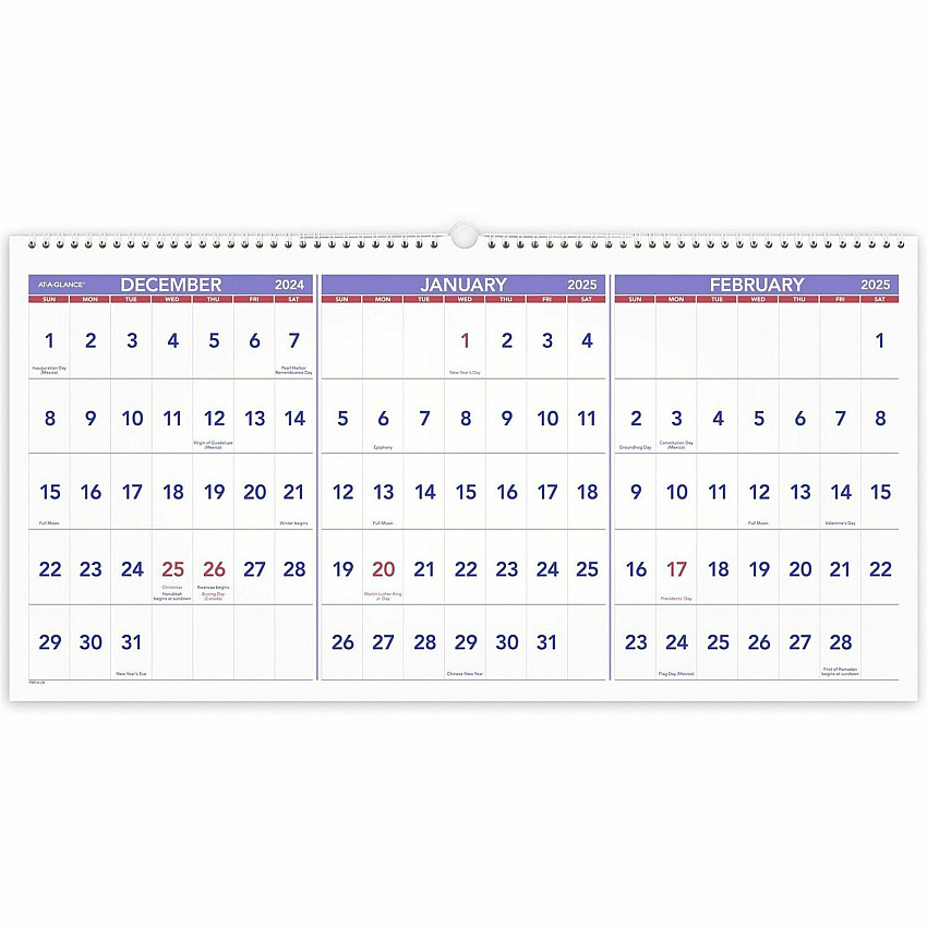 AT-A-GLANCE Deluxe Three-Month Reference Wall Calendar, Horizontal Orientation, 24 x 12, White Sheets, 15-Month: Dec 2025 to Feb 2027 (PM1428)