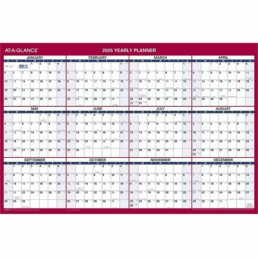 AT-A-GLANCE Vertical/Horizontal Wall Calendar, 24 x 36, White/Blue/Red Sheets, 12-Month (Jan to Dec): 2026 (PM21228)