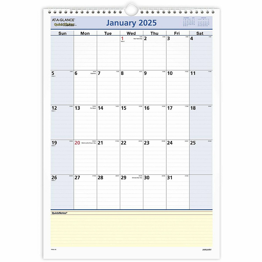AT-A-GLANCE QuickNotes Wall Calendar, 12 x 17, White/Blue/Yellow Sheets, 12-Month (Jan to Dec): 2026 (PM5228)