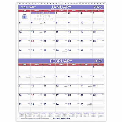 AT-A-GLANCE Two-Month Wall Calendar, 22 x 29, White/Blue/Red Sheets, 12-Month (Jan to Dec): 2026 (PM928)