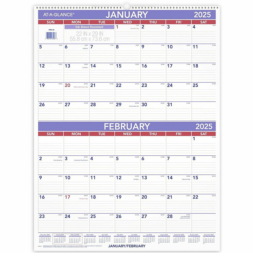 AT-A-GLANCE Two-Month Wall Calendar, 22 x 29, White/Blue/Red Sheets, 12-Month (Jan to Dec): 2026 (PM928)