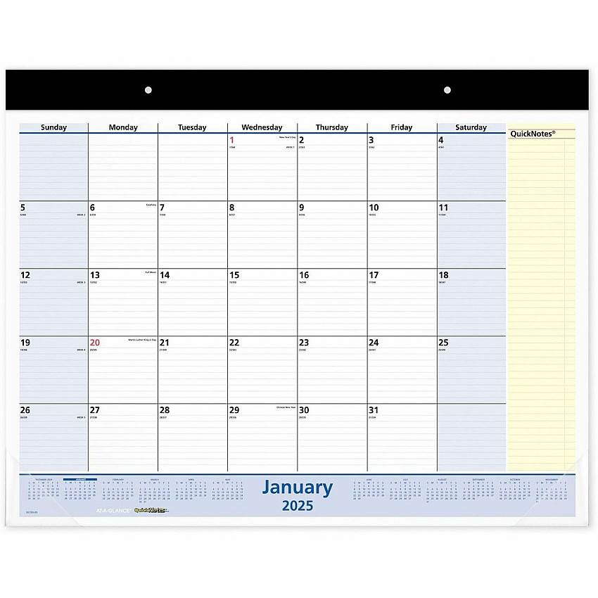 AT-A-GLANCE QuickNotes Desk Pad, 22 x 17, White/Blue/Yellow Sheets, Black Binding, Clear Corners, 13-Month: Jan 2026 to Jan 2027 (SK70000)