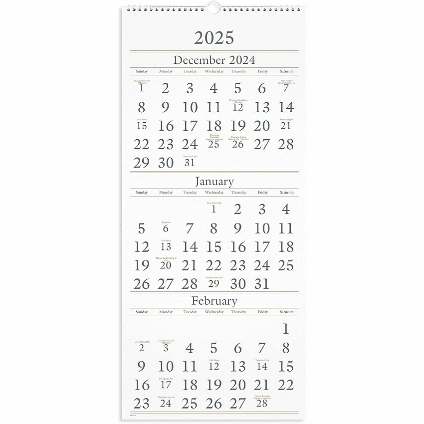 AT-A-GLANCE Three-Month Reference Wall Calendar, 12 x 27, White Sheets, 14-Month: Dec 2025 to Feb 2027 (SW11528)