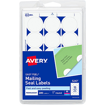 Avery Mailing Seals, Permanent, 1" Diameter, 600 Labels (5247) (AVE05247)