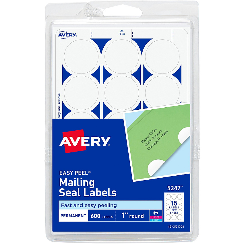 Avery Mailing Seals, Permanent, 1" Diameter, 600 Labels (5247) (AVE05247)