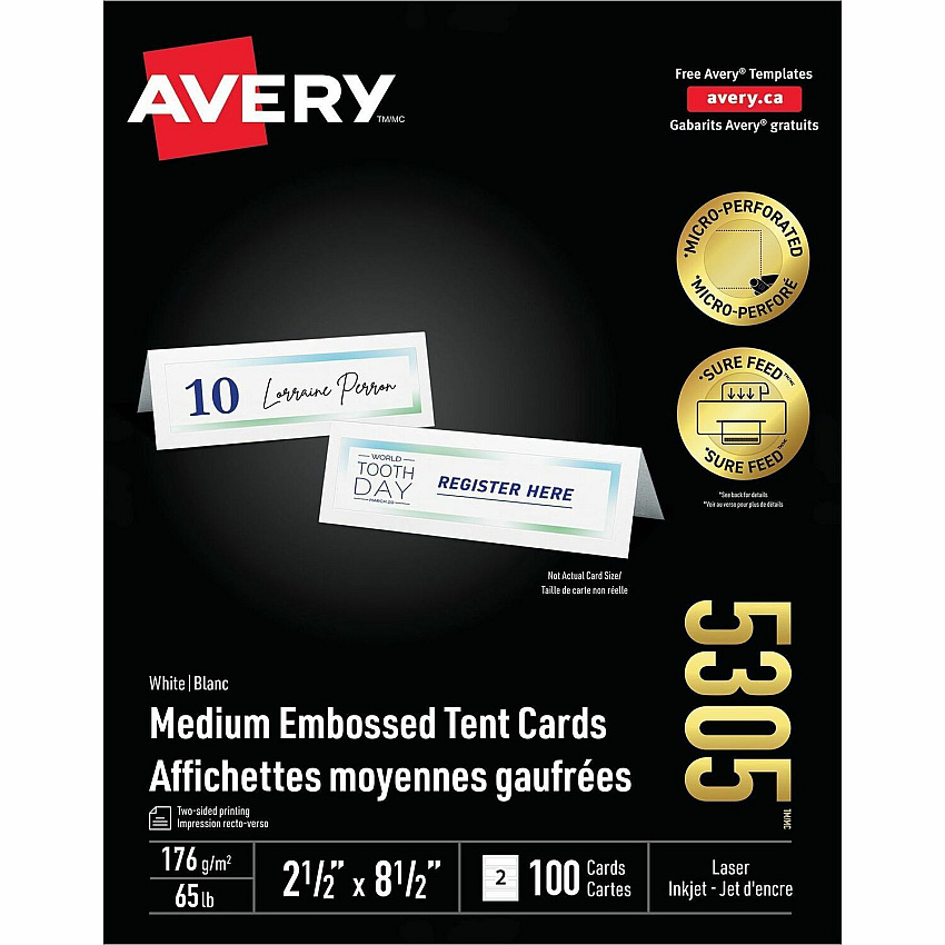 Avery Medium Tent Cards for Laser and Inkjet Printers, 2½" x 8½" (AVE5305)