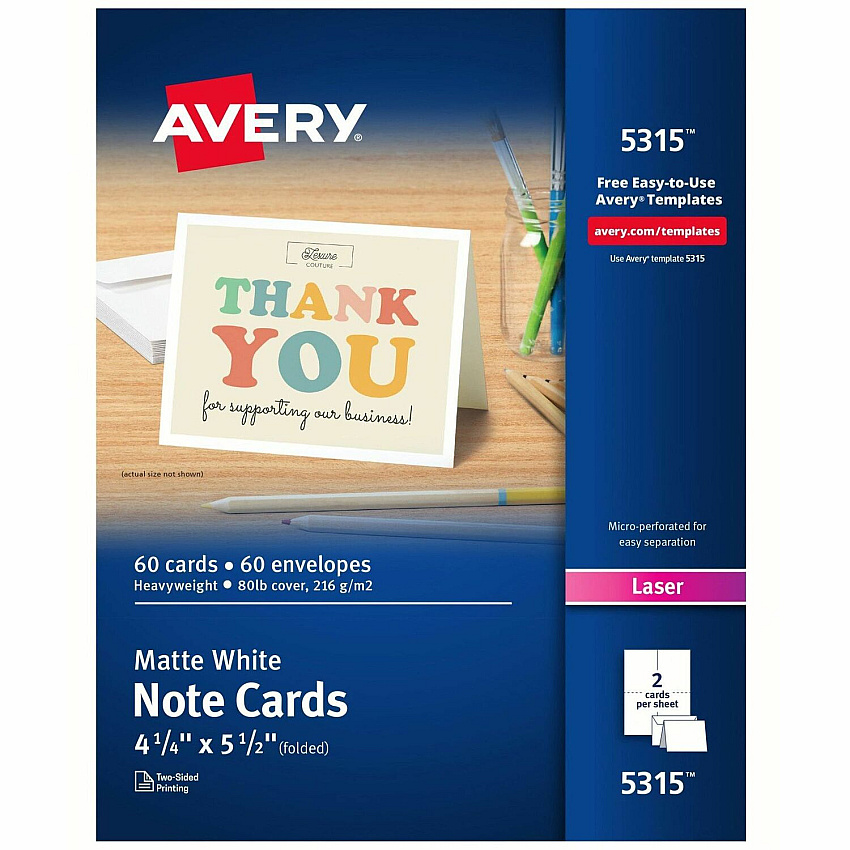 Avery Printable Note Cards, Two-Sided Printing, 4-1/4" x 5-1/2" , 60 Cards (AVE5315)