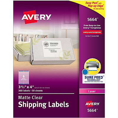 Avery Avery Clear Shipping Labels, Sure Feed, 3-1/3" x 4" 300 Labels (15664)