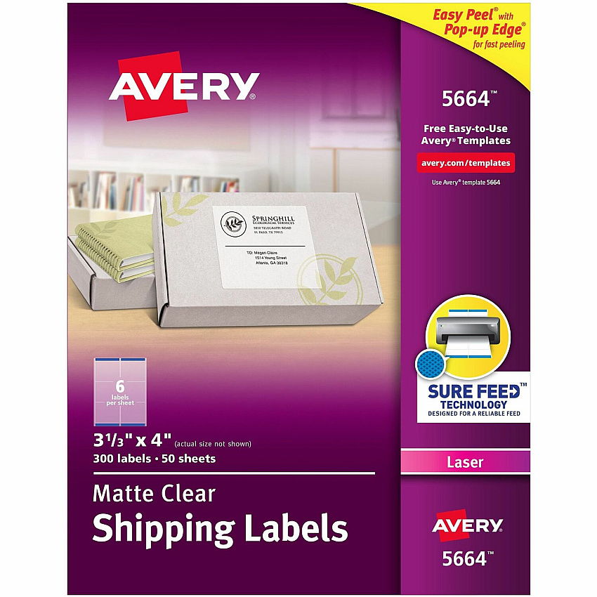 Avery Avery Clear Shipping Labels, Sure Feed, 3-1/3" x 4" 300 Labels (15664)