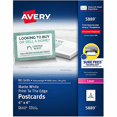 Avery(R) Printable Postcards with Sure Feed Technology, 4" x 6" , White, 80 Blank Postcards for Laser Printers (AVE5889)