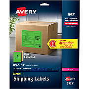 Avery Assorted Neon Shipping Labels, 8-1/2" x 11" , 15 Labels (AVE5975)