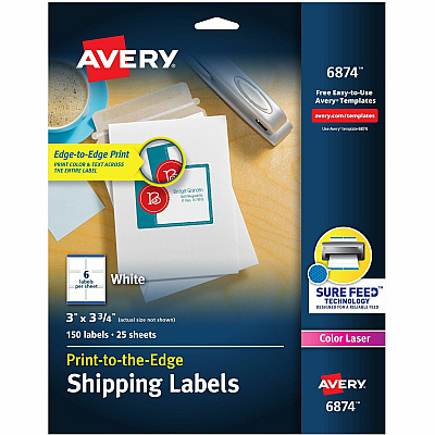 Avery Shipping Labels, Sure Feed, 3" x 3-3/4" , 150 Labels (AVE6874)