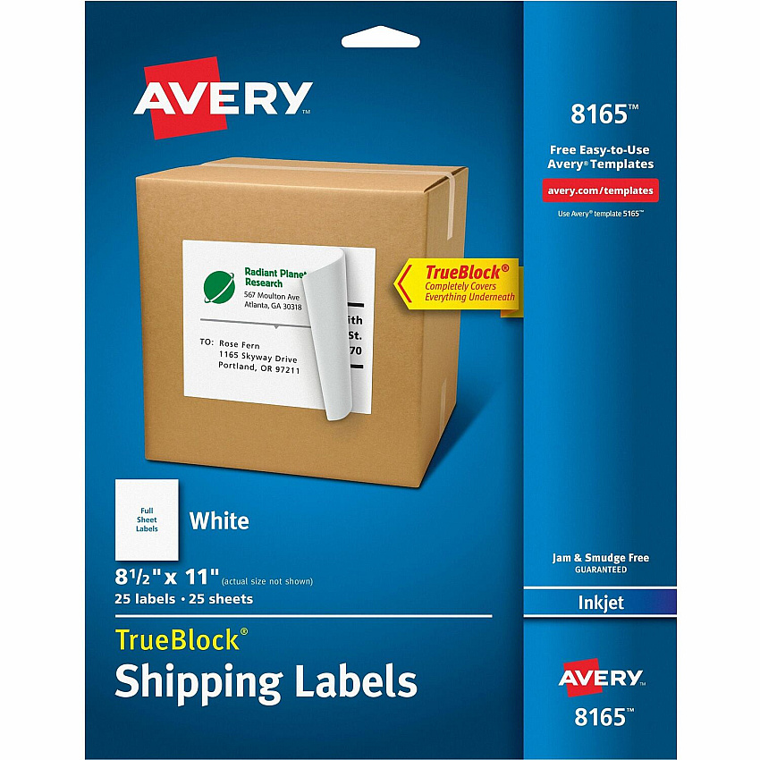 Avery TrueBlock Shipping Labels, 8-1/2" x 11" , 25 Labels (AVE8165)
