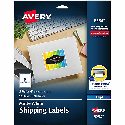 Avery White Shipping Labels, Sure Feed, 3-1/3" x 4" , 120 Labels (AVE8254)