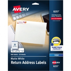 Avery White Return Address Labels, Sure Feed(R), 3/4" x 2-1/4" , 600 Labels (8257)