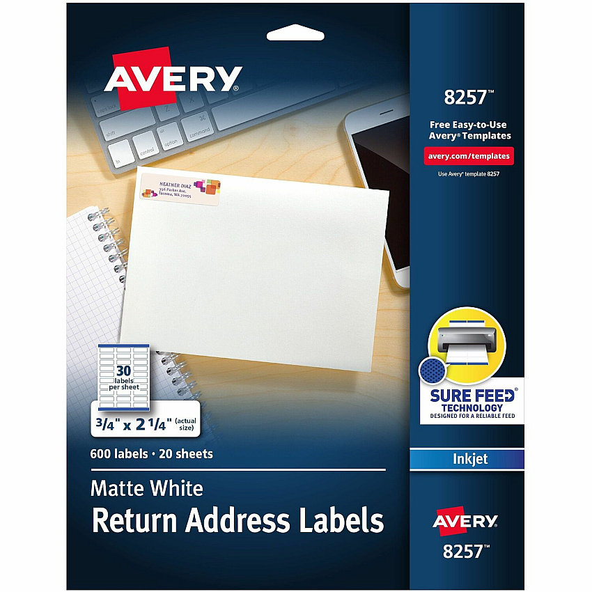Avery White Return Address Labels, Sure Feed, 3/4" x 2-1/4" , 600 Labels (AVE8257)