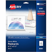 Avery(R) Printable Postcards, 4.25" x 5.5" , Glossy White, 100 Blank Postcards for Inkjet and Laser Printers (AVE8383)