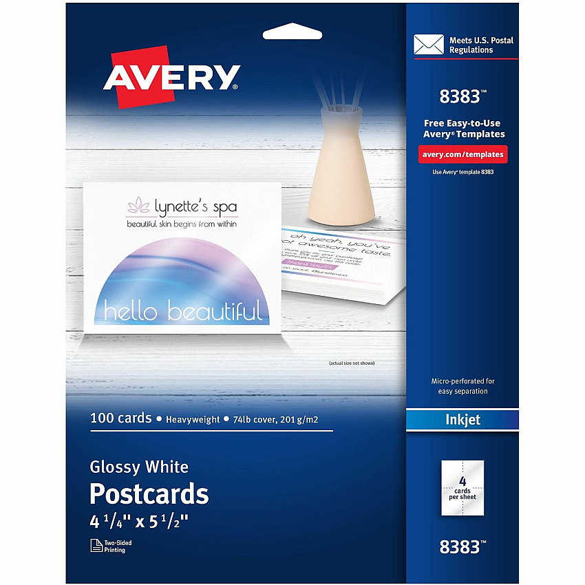 Avery(R) Printable Postcards, 4.25" x 5.5" , Glossy White, 100 Blank Postcards for Inkjet and Laser Printers (AVE8383)
