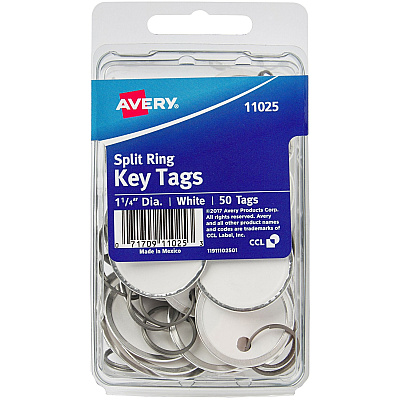 Avery 1-1/4" Metal Rim Key Tags, Split Ring, White, 50 Tags (AVE11025)
