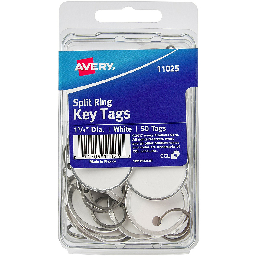 Avery 1-1/4" Metal Rim Key Tags, Split Ring, White, 50 Tags (AVE11025)