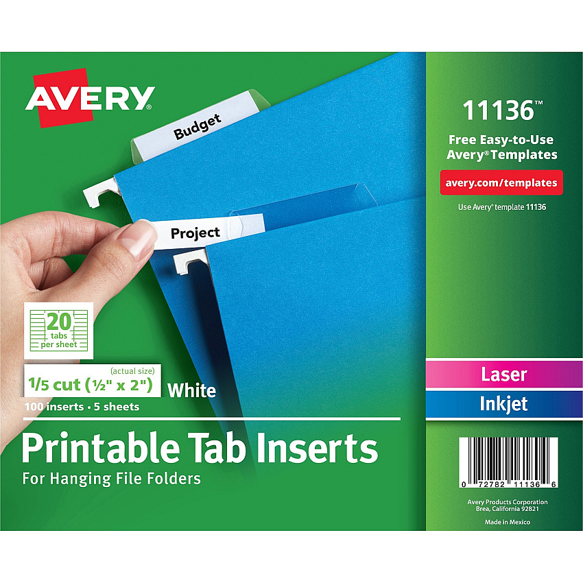 Avery Printable Tab Inserts for Hanging File Folders (AVE11136)