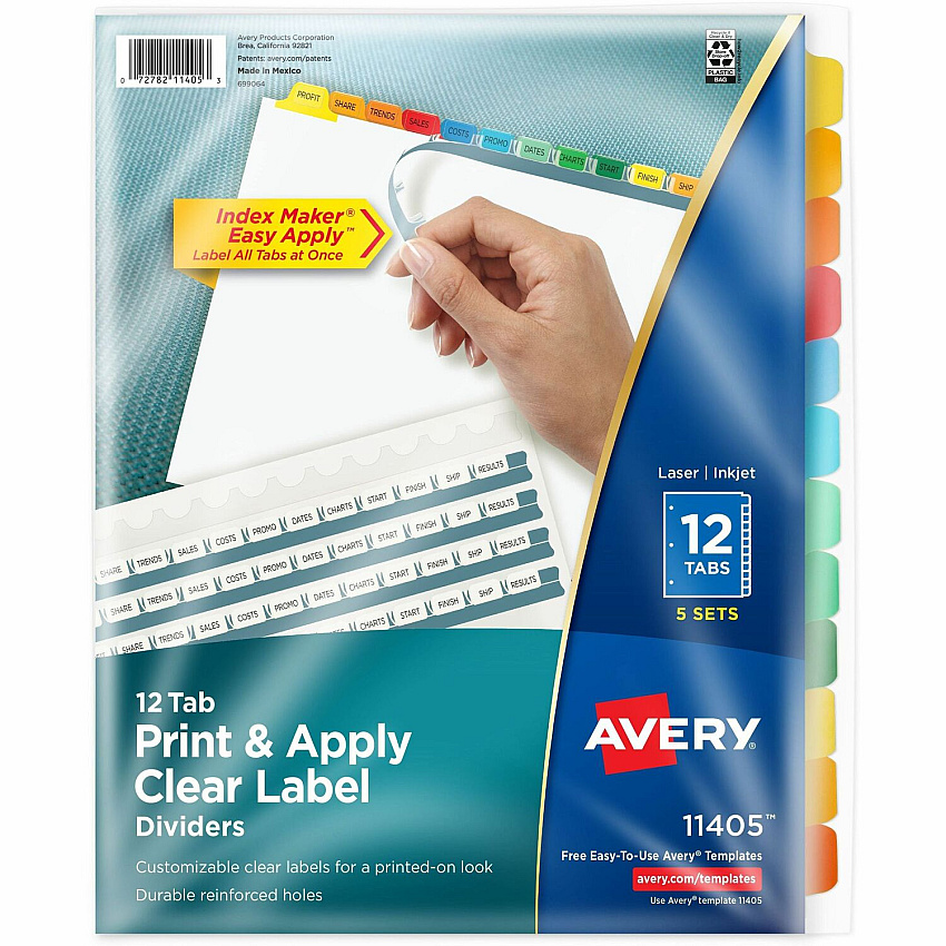 Avery(R) 12 Tab Dividers for 3 Ring Binder, Easy Print & Apply Clear Label Strip, Index Maker(R) Customizable Multicolor Tabs, 5 Sets (AVE11405)