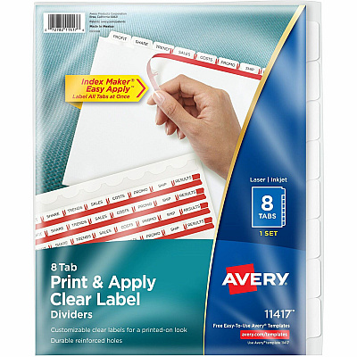 Avery(R) 8 Tab Dividers for 3 Ring Binder, Easy Print & Apply Clear Label Strip, Index Maker(R) Customizable White Tabs, 1 Set (AVE11417)