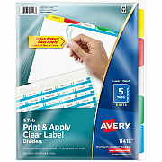 Avery(R) 5 Tab Dividers for 3 Ring Binder, Easy Print & Apply Clear Label Strip, Index Maker(R) Customizable Multicolor Tabs, 5 Sets (AVE11418)