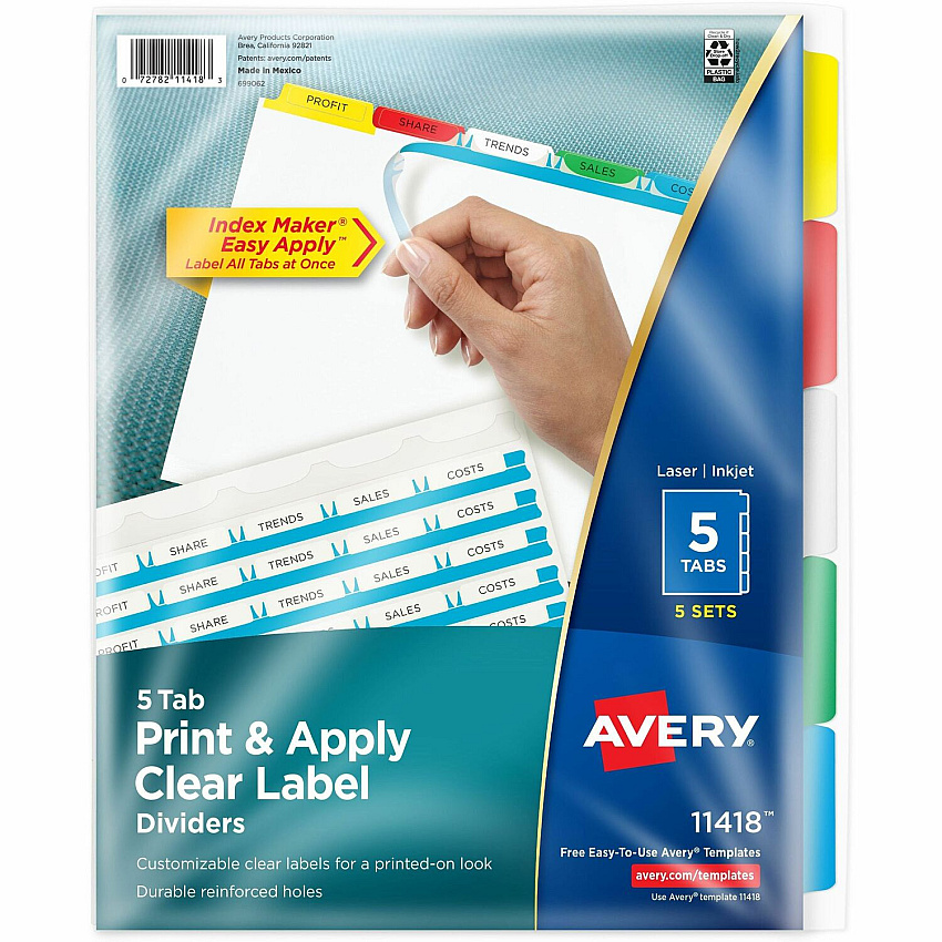 Avery(R) 5 Tab Dividers for 3 Ring Binder, Easy Print & Apply Clear Label Strip, Index Maker(R) Customizable Multicolor Tabs, 5 Sets (AVE11418)