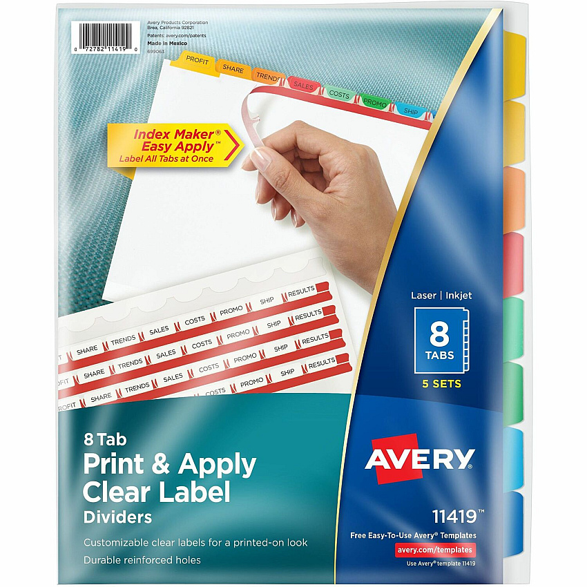 Avery(R) 8 Tab Dividers for 3 Ring Binder, Easy Print & Apply Clear Label Strip, Index Maker(R) Customizable Multicolor Tabs, 5 Sets (AVE11419)