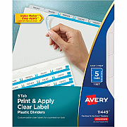 Avery(R) 5 Tab Plastic Dividers for 3 Ring Binder, Easy Print & Apply Clear Label Strip, Index Maker(R) Customizable Frosted White Tabs, 1 Set (AVE11449)