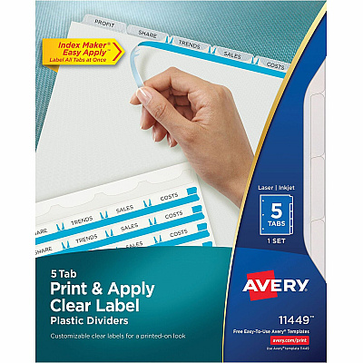 Avery(R) 5 Tab Plastic Dividers for 3 Ring Binder, Easy Print & Apply Clear Label Strip, Index Maker(R) Customizable Frosted White Tabs, 1 Set (AVE11449)