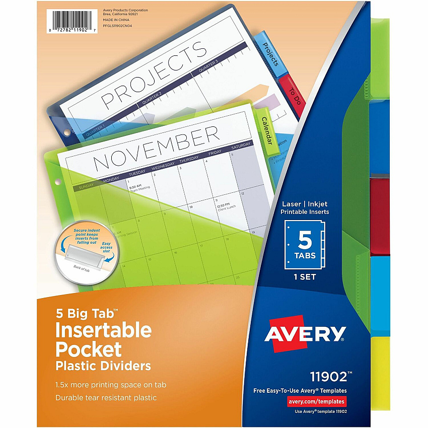 Avery Big Tab Insertable Plastic Dividers with Pocketsfor Laser and Inkjet Printers (AVE11902)
