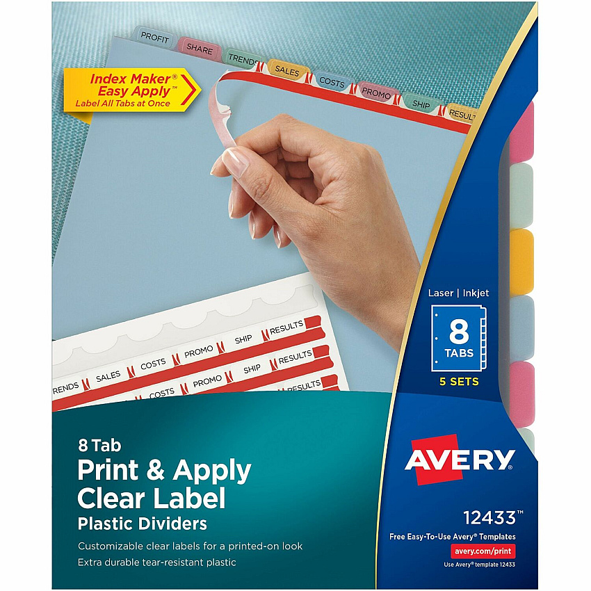Avery(R) 8 Tab Plastic Dividers for 3 Ring Binder, Easy Print & Apply Clear Label Strip, Index Maker(R) Customizable Multicolor Tabs, 5 Sets (11433) (AVE12433)
