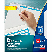 Avery(R) 5 Tab Plastic Dividers for 3 Ring Binder, Easy Print & Apply Clear Label Strip, Index Maker(R) Customizable Frosted White Tabs, 5 Sets (AVE12449)