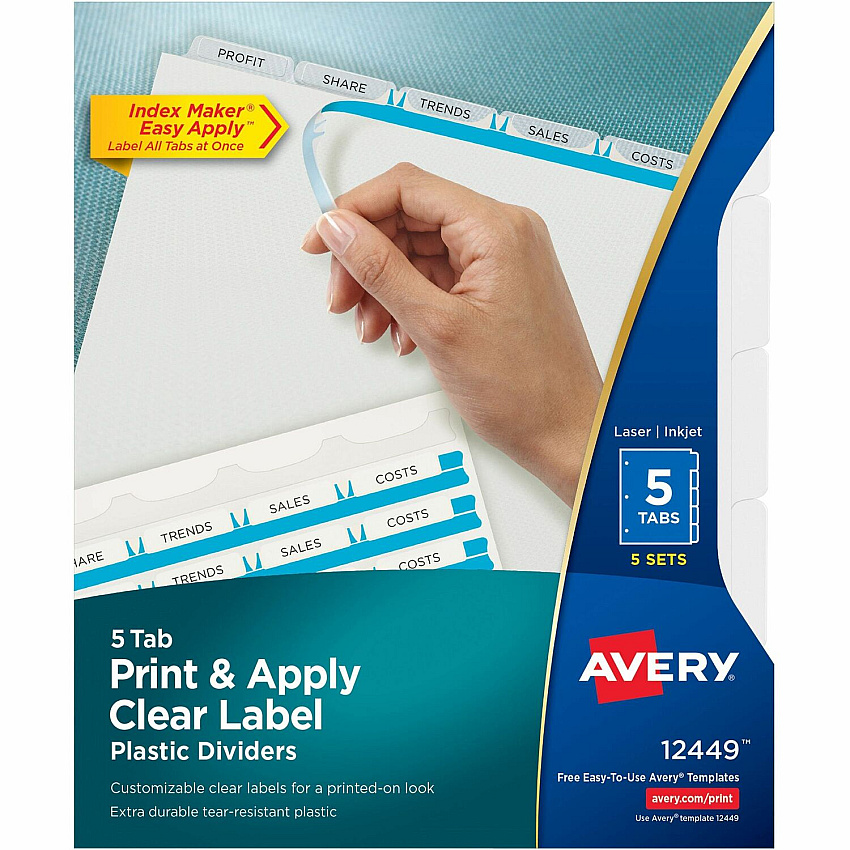 Avery(R) 5 Tab Plastic Dividers for 3 Ring Binder, Easy Print & Apply Clear Label Strip, Index Maker(R) Customizable Frosted White Tabs, 5 Sets (AVE12449)