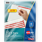 Avery(R) 8 Tab Plastic Dividers for 3 Ring Binder, Easy Print & Apply Clear Label Strip, Index Maker(R) Customizable Frosted White Tabs, 5 Sets (AVE12450)