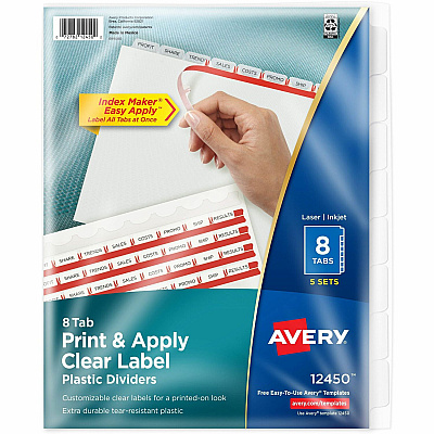 Avery(R) 8 Tab Plastic Dividers for 3 Ring Binder, Easy Print & Apply Clear Label Strip, Index Maker(R) Customizable Frosted White Tabs, 5 Sets (AVE12450)